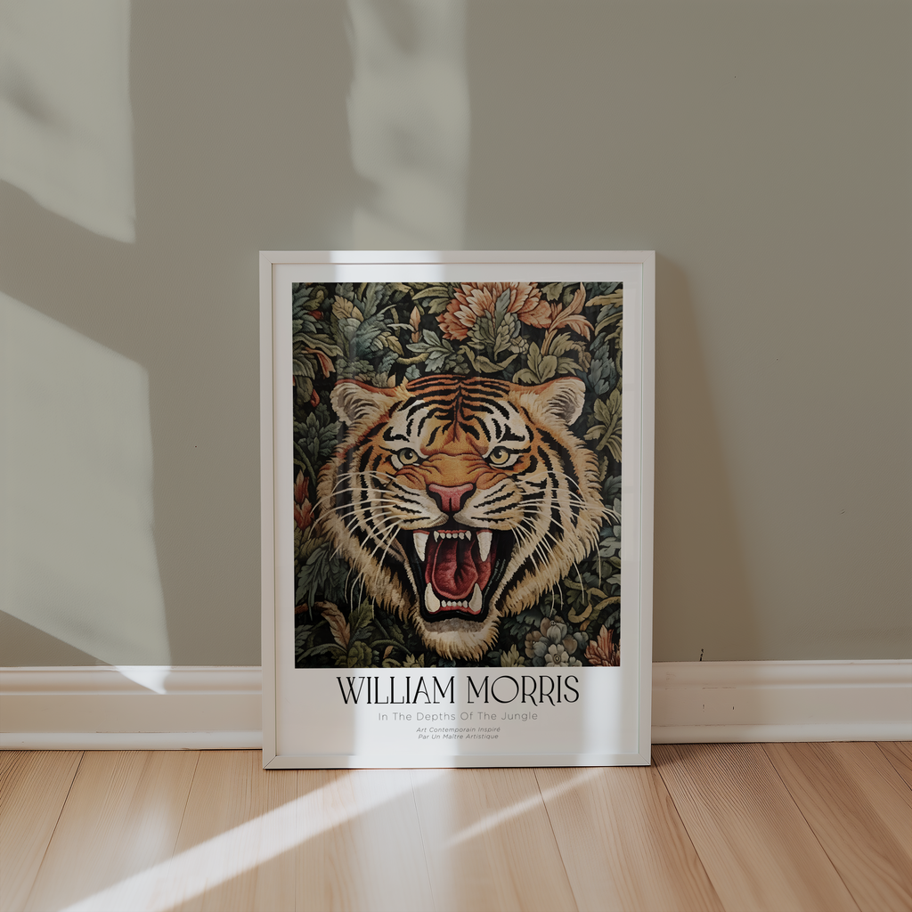 Mockup av William Morris Jungle Tiger affisch på vägg – köp enkelt hos Posternord i hög kvalitet