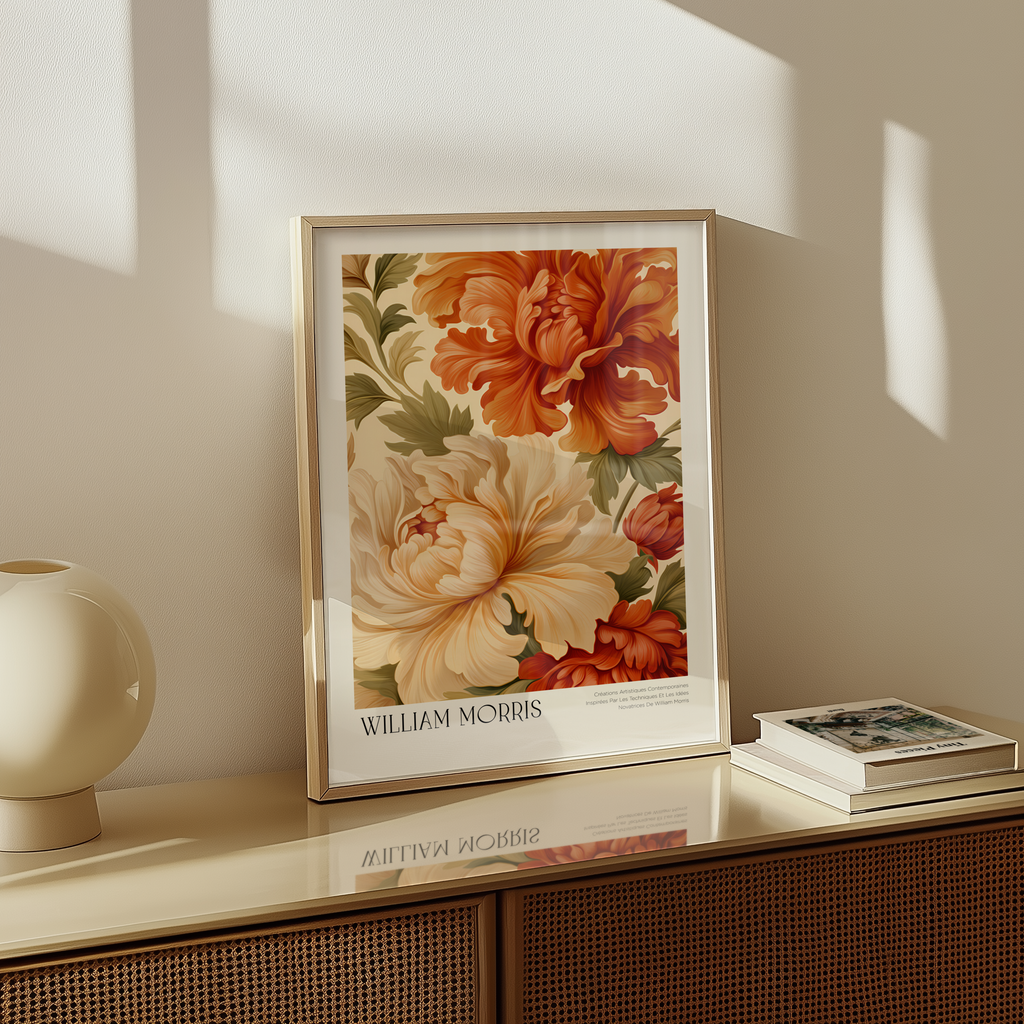 Mockup av William Morris Amber Peony affisch på vägg – köp enkelt hos Posternord i hög kvalitet
