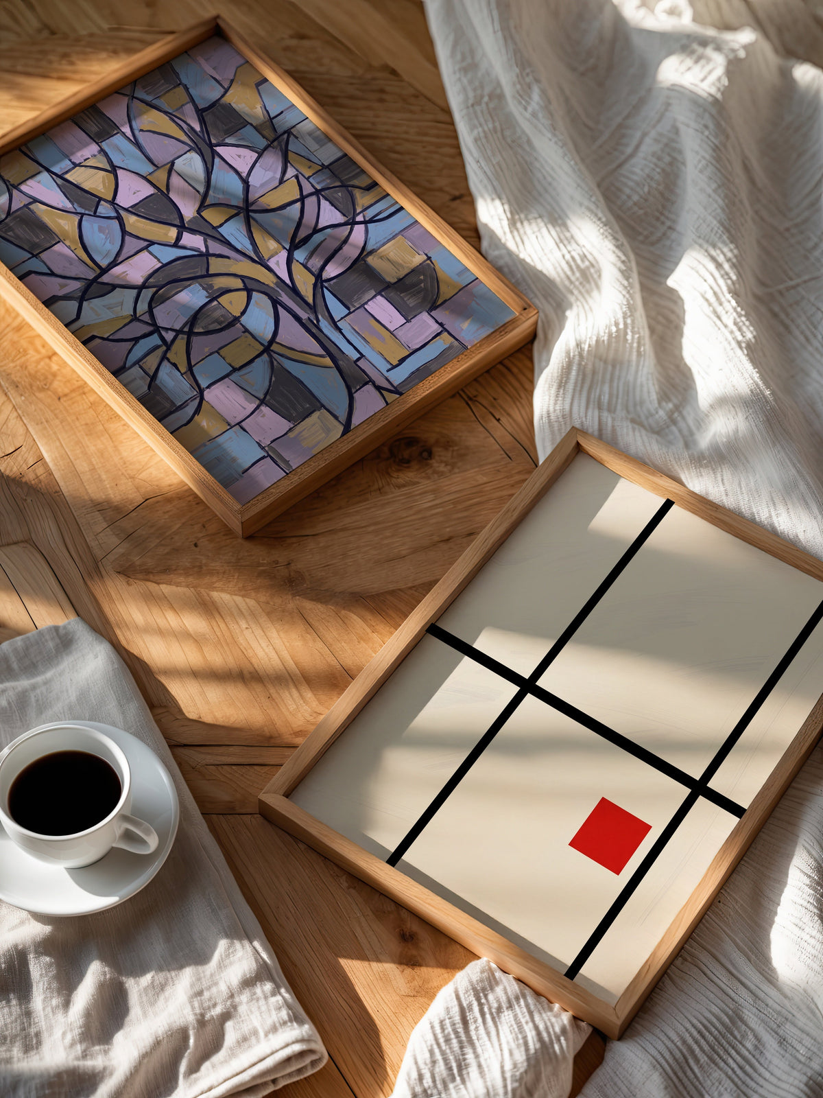 Piet Mondrian Composition with Small Red Square Poster – två posters i rum 2