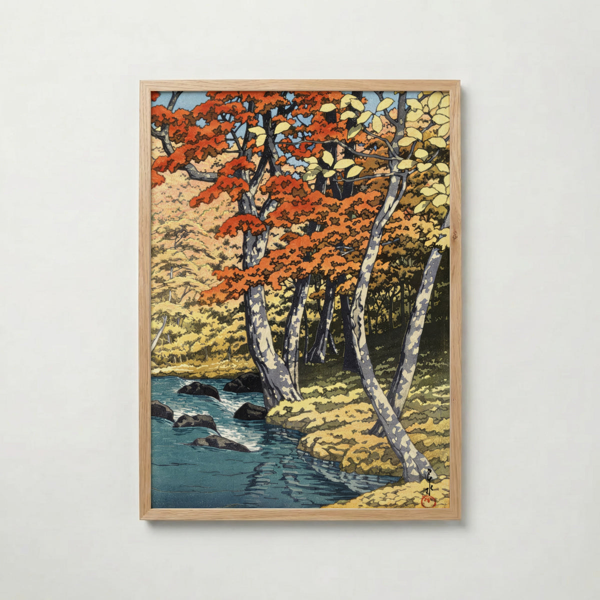 Autumn at Oirase Kawase i ekram med ljust trä – köp enkelt hos Posternord affisch i hög kvalitet