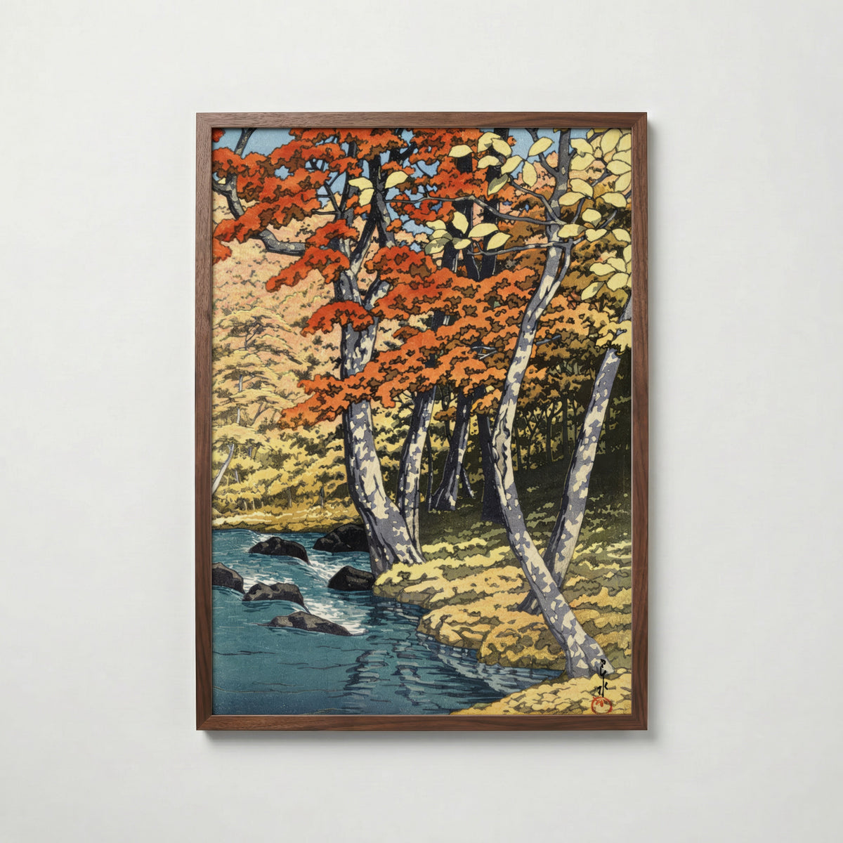 Autumn at Oirase Kawase i valnötsram med mörkt trä – köp enkelt hos Posternord i hög kvalitet