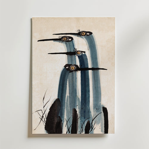 Ink Cranes Poster, japanskt tranmotiv i tusch som canvastavla, väggkonst från Posternord