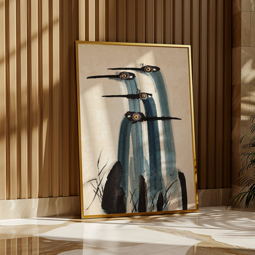Ink Cranes Poster, japanskt tranmotiv i tusch i inrett rum, tryckt i Sverige av Posternord