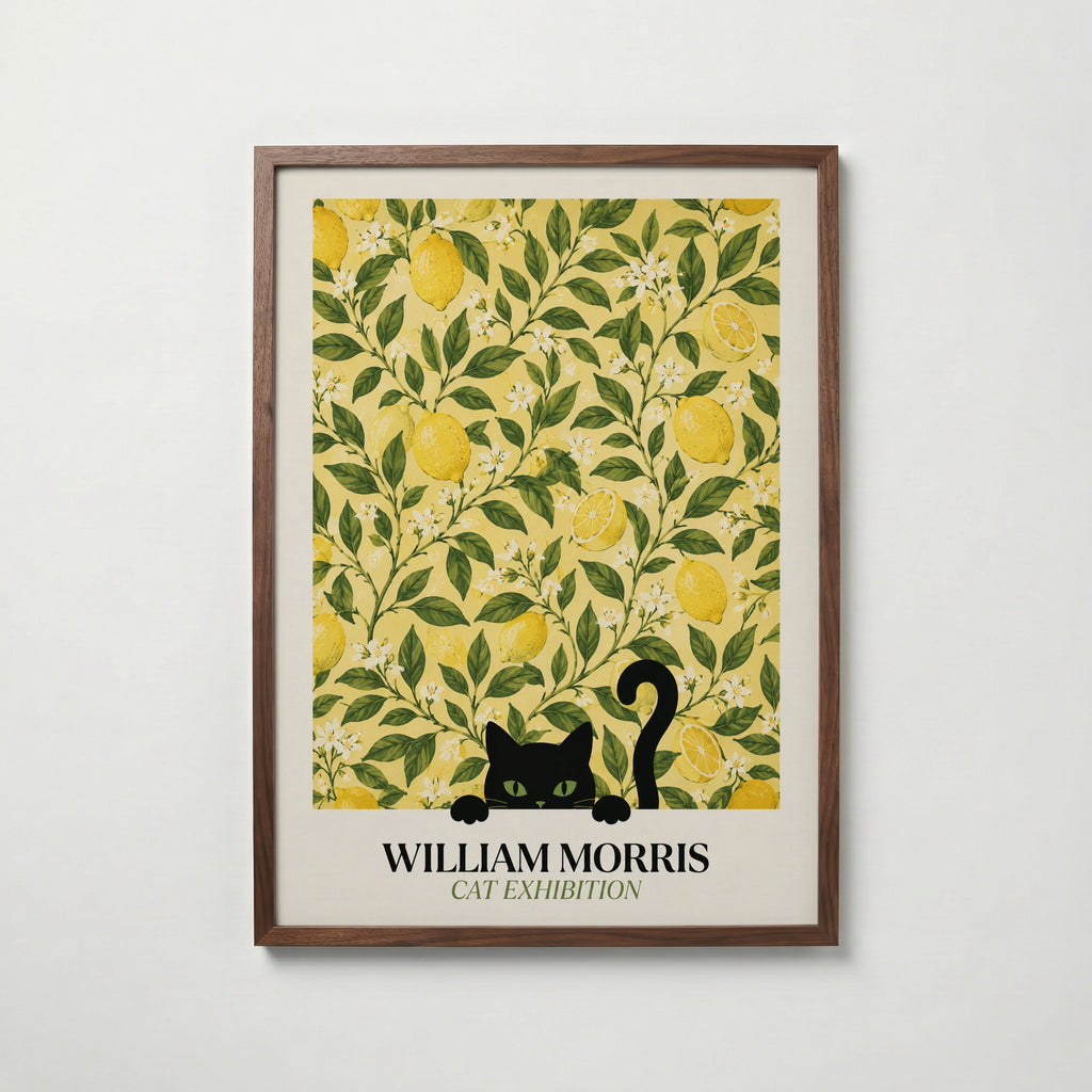 Cat in the Lemon Grove William Morris Poster – svart katt bland William Morris citronträdsmönster i gult