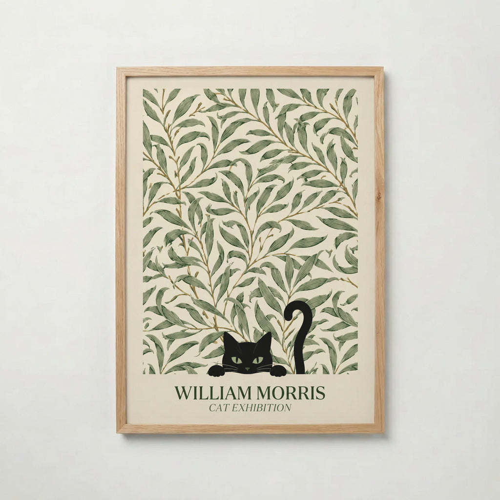 Cat in the Willow Bough William Morris Poster – svart katt i William Morris pilkvistmönster i kräm och grönt