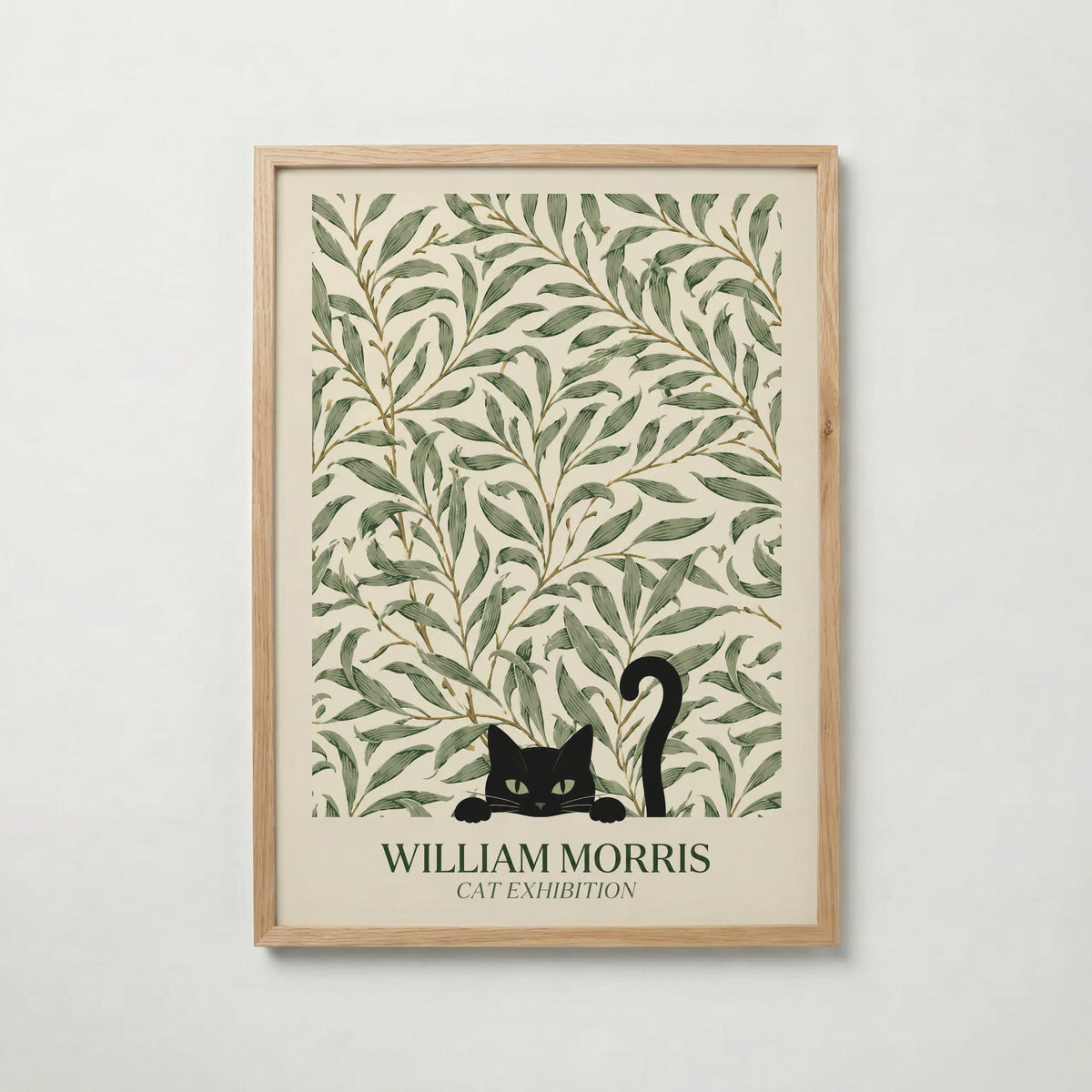 Cat in the Willow Bough William Morris Poster – svart katt i William Morris pilkvistmönster i kräm och grönt