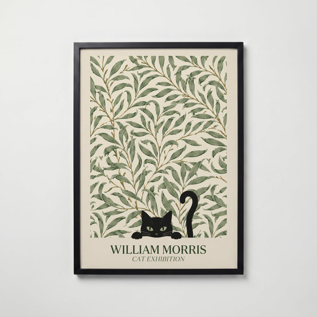 Cat in the Willow Bough William Morris Poster – svart katt i William Morris pilkvistmönster i kräm och grönt