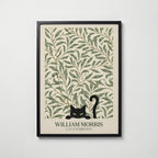 Cat in the Willow Bough William Morris Poster – svart katt i William Morris pilkvistmönster i kräm och grönt