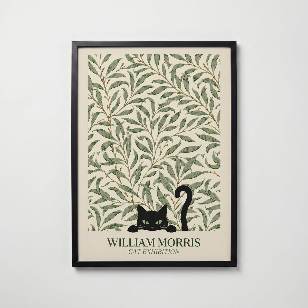 Cat in the Willow Bough William Morris Poster – svart katt i William Morris pilkvistmönster i kräm och grönt