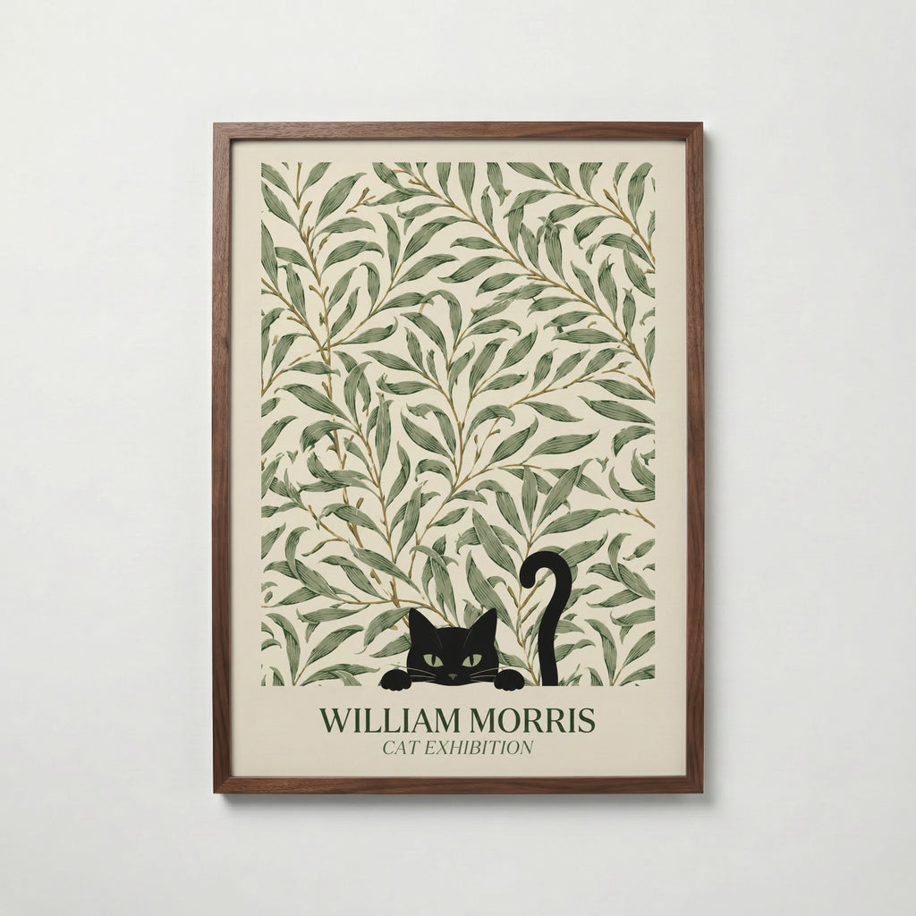 Cat in the Willow Bough William Morris Poster – svart katt i William Morris pilkvistmönster i kräm och grönt