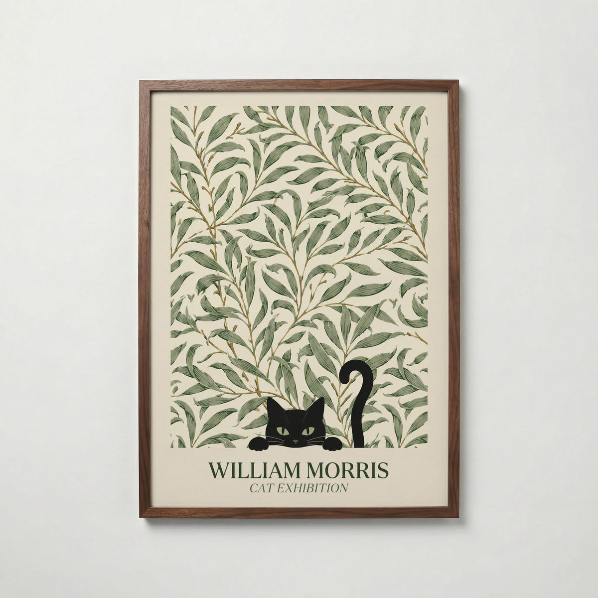 Cat in the Willow Bough William Morris Poster – svart katt i William Morris pilkvistmönster i kräm och grönt