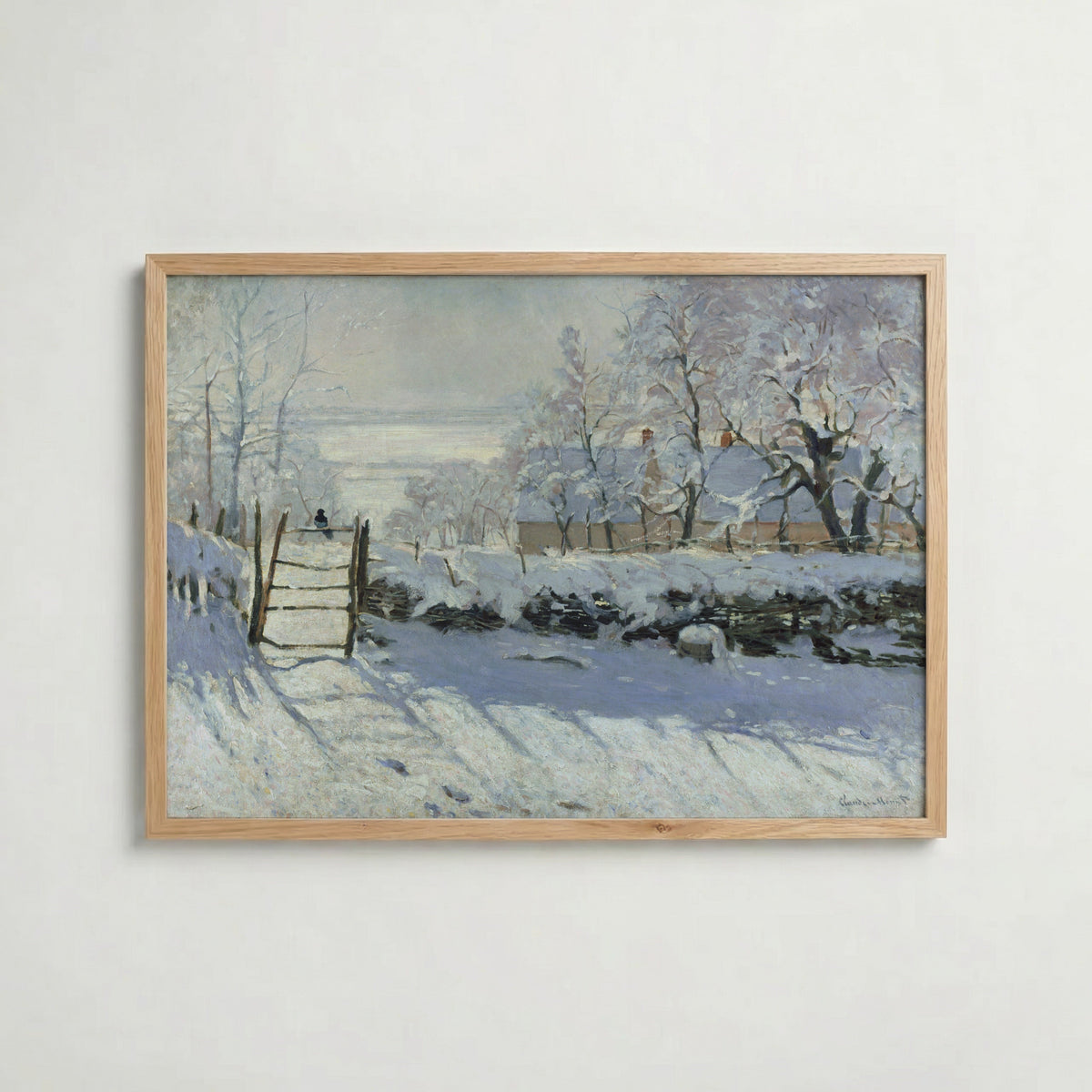 Claude Monet The Magpie affisch i ljus ekram med naturligt träutseende – Posternord