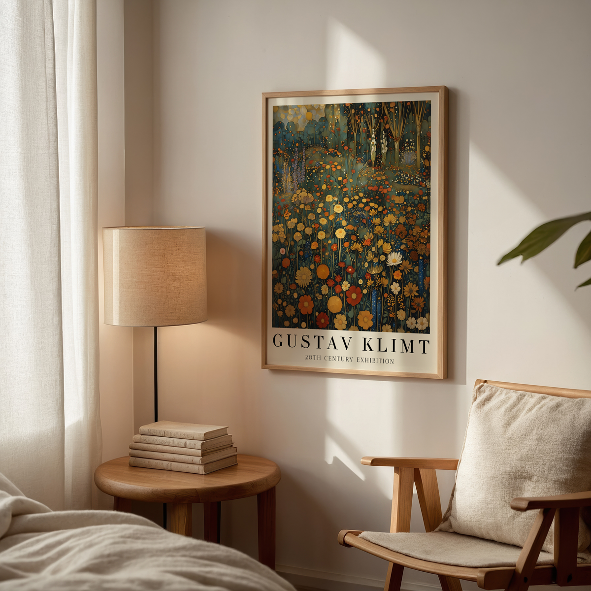 Gustav Klimt Golden Meadow affisch i ljust minimalistiskt vardagsrum – köp enkelt hos Posternord
