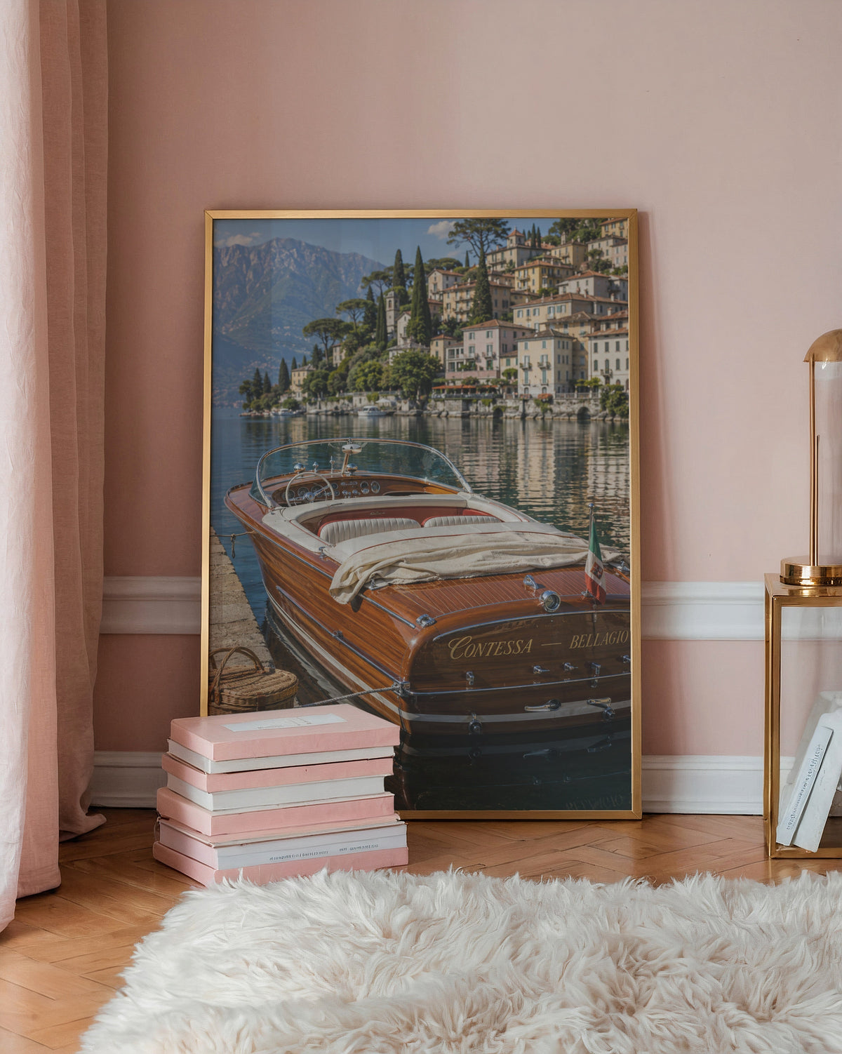 Marco Ricci Contessa at Bellagio Poster – klassisk ångbåt vid stranden i Bellagio vid Comosjön