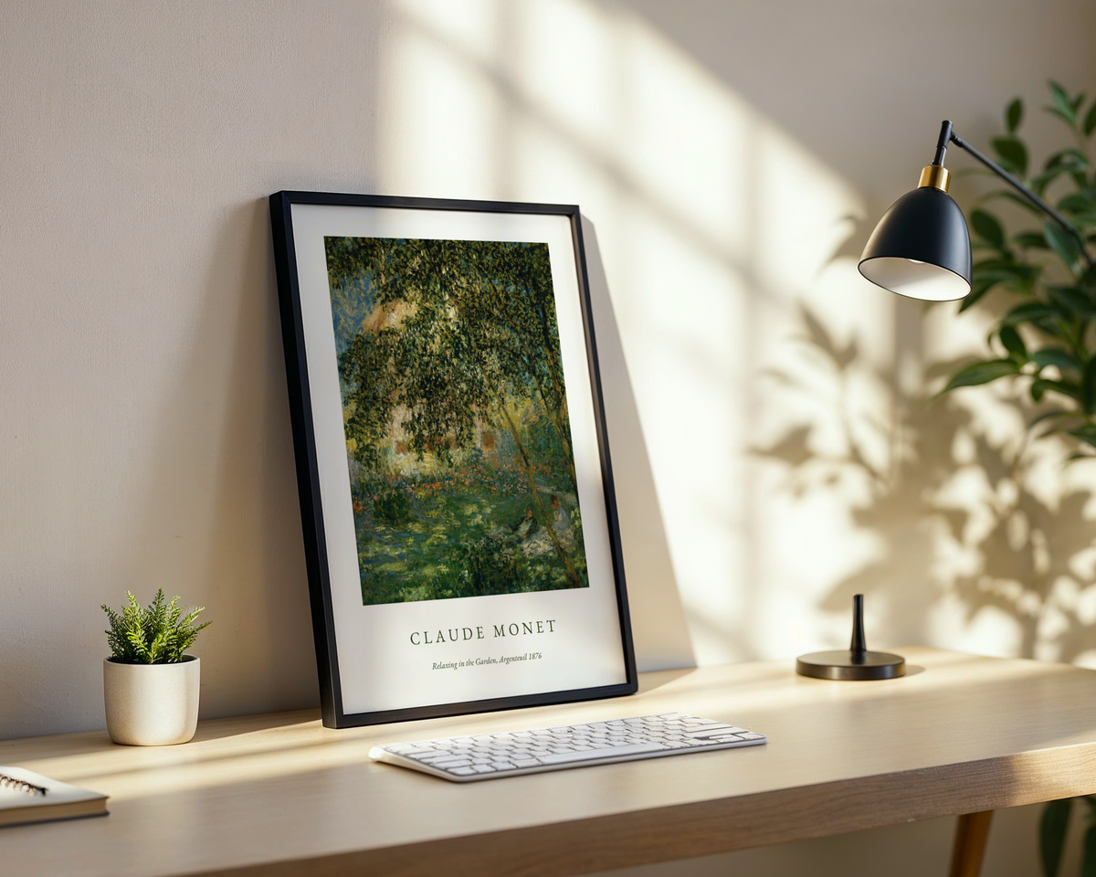 Mockup av Claude Monet Relaxing In affisch på vägg – köp enkelt hos Posternord i hög kvalitet