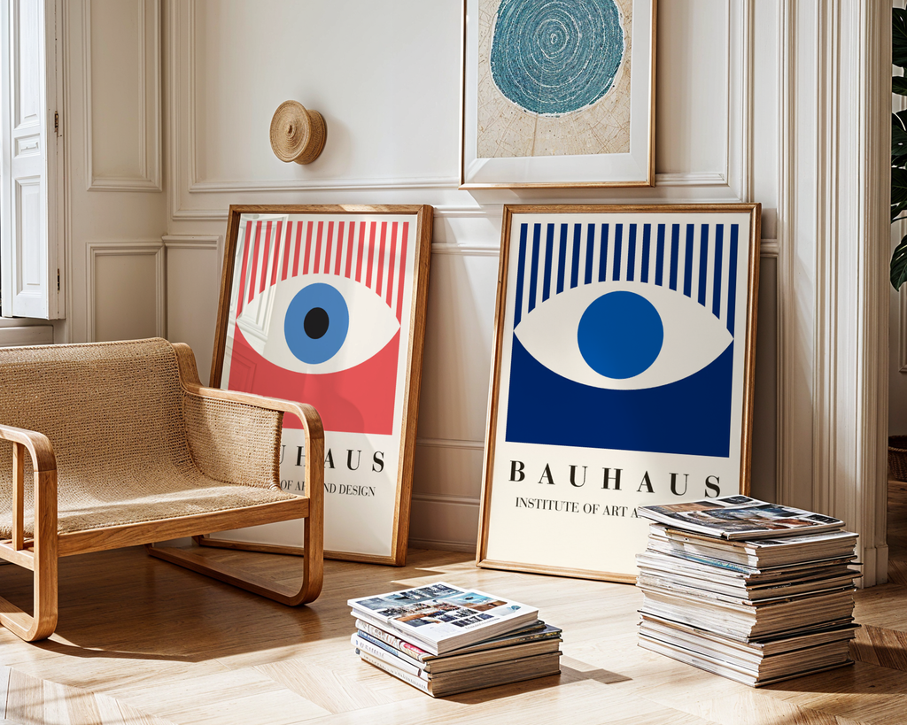 Väggmockup av Bauhaus Blue Eye affisch på ljus tegelvägg – Posternord konsttryck i hög tryckkvalitet