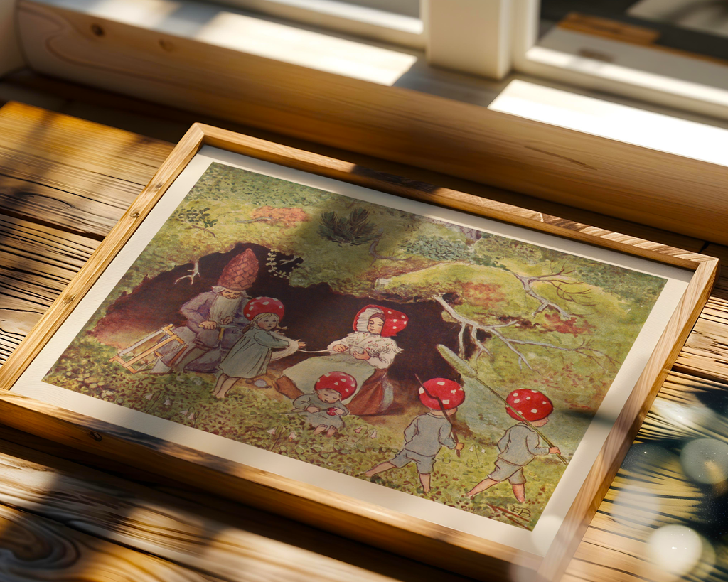 Mockup av Elsa Beskow Tomtebobarnen affisch på vägg – köp enkelt hos Posternord i hög kvalitet