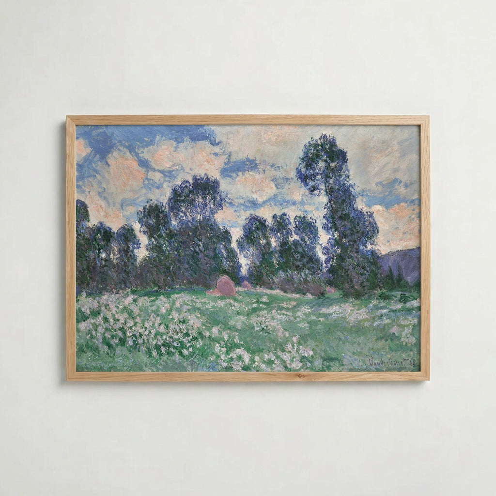 Claude Monet Spring Meadow Giverny 1890 affisch i ljus ekram med naturligt träutseende – Posternord