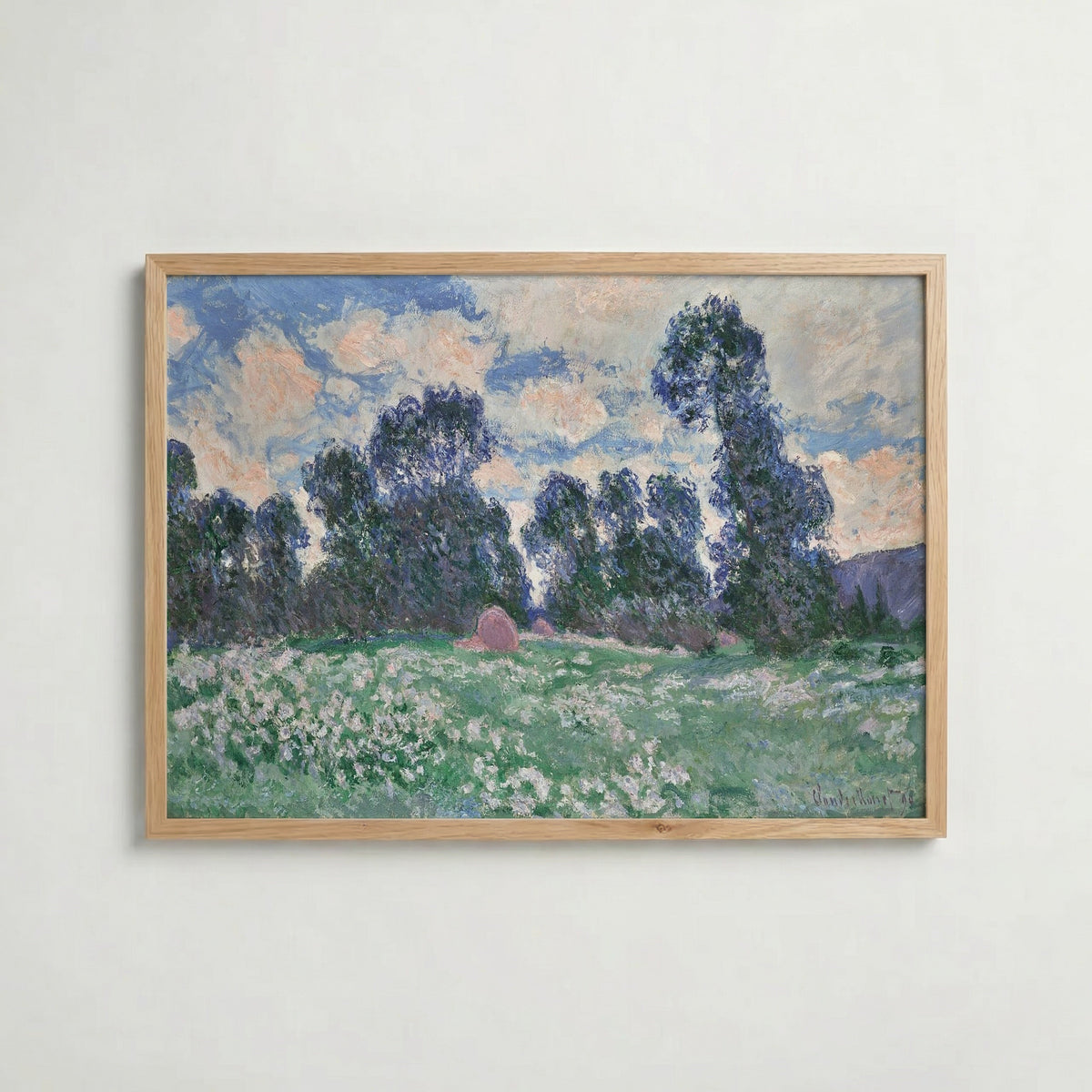 Claude Monet Spring Meadow Giverny 1890 affisch i ljus ekram med naturligt träutseende – Posternord