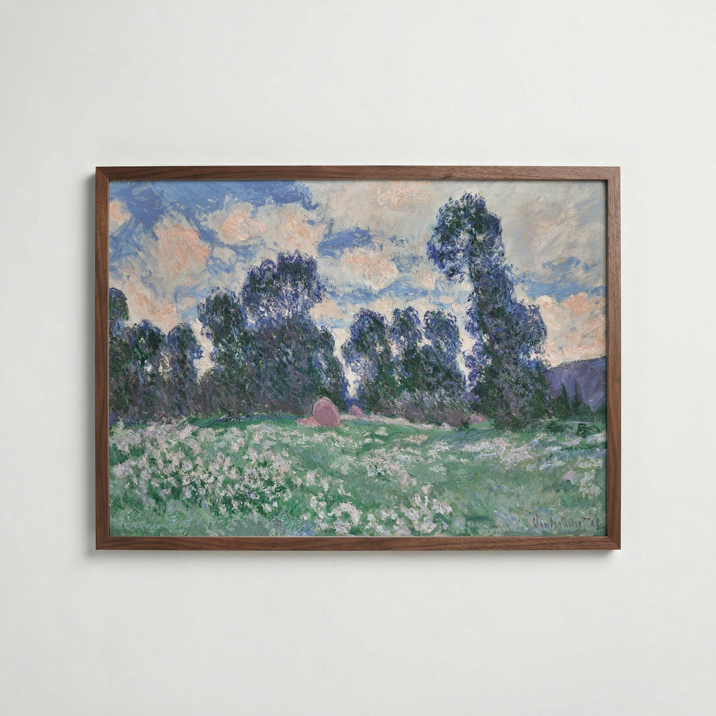 Claude Monet Spring Meadow Giverny 1890 affisch i valnötsram – mörkbrun inramning med lyxig känsla, Posternord