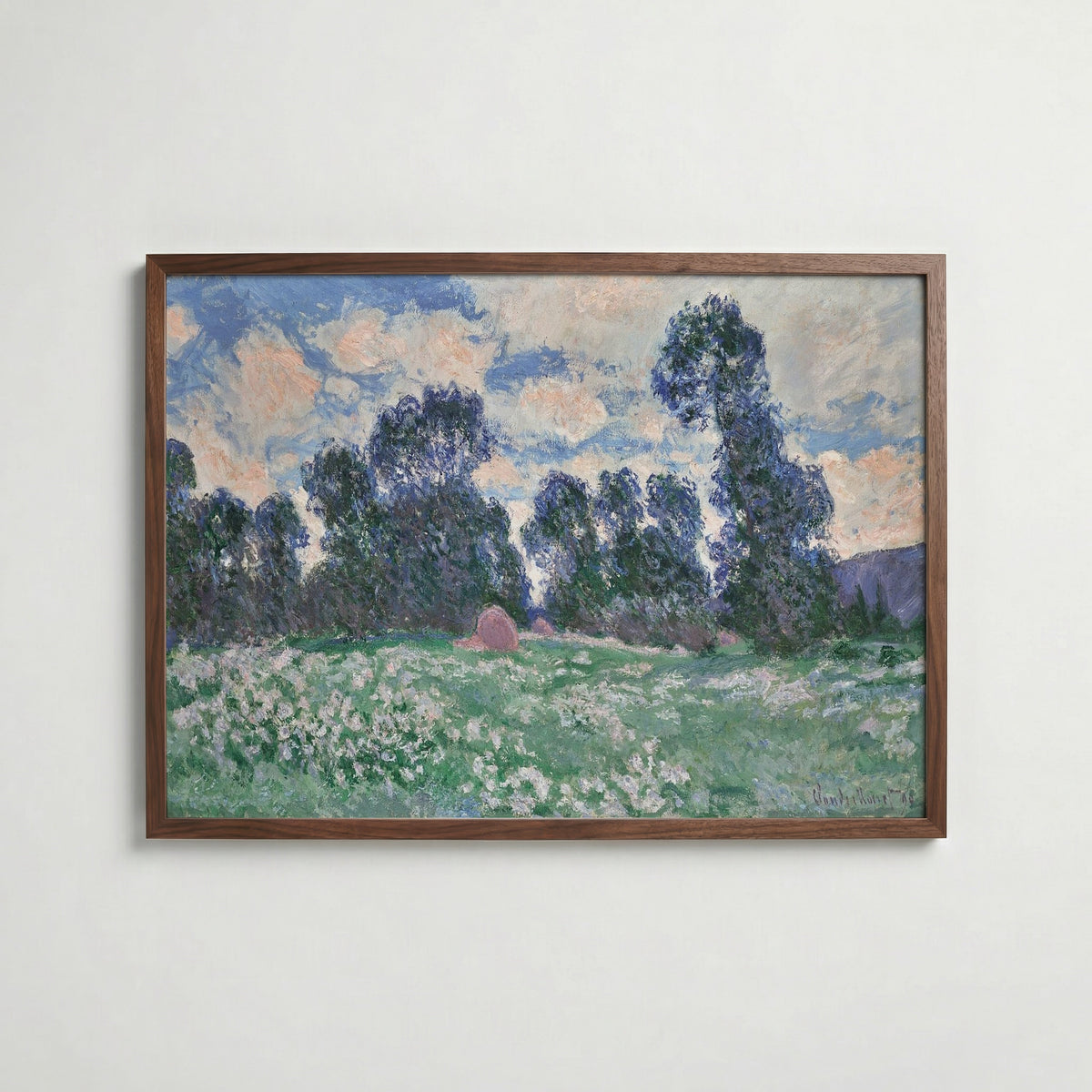 Claude Monet Spring Meadow Giverny 1890 affisch i valnötsram – mörkbrun inramning med lyxig känsla, Posternord