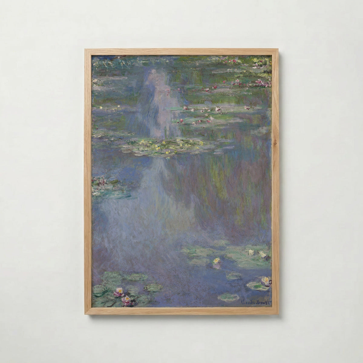 Claude Monet Water Lilies Blue 1907 affisch i ljus ekram med naturligt träutseende – Posternord