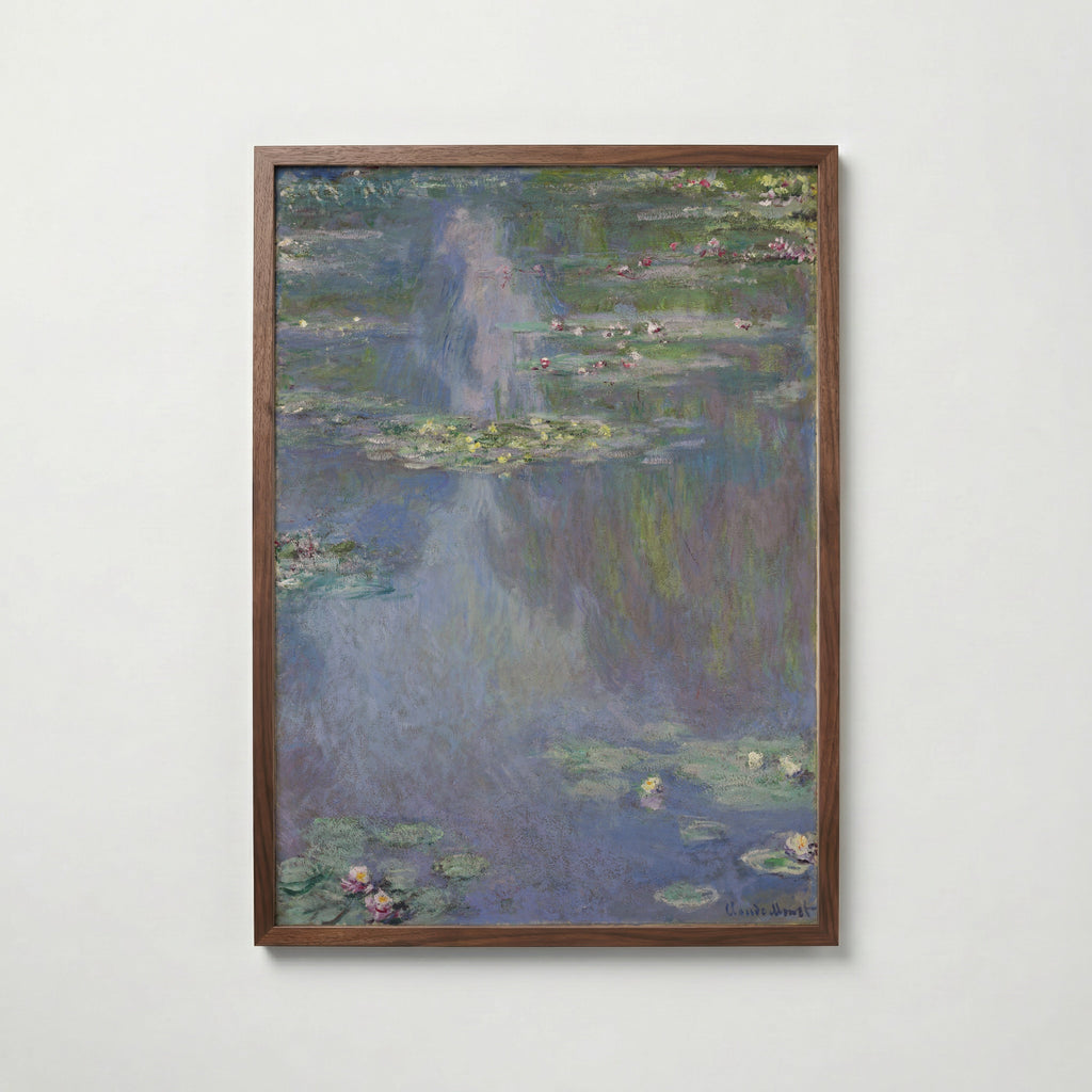 Claude Monet Water Lilies Blue 1907 affisch i valnötsram – mörkbrun inramning med lyxig känsla, Posternord