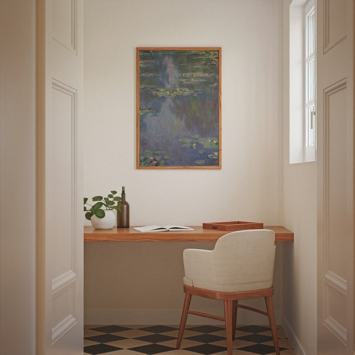 Claude Monet Water Lilies Blue 1907 affisch i modernt hem med designer-möbler och stil – Posternord