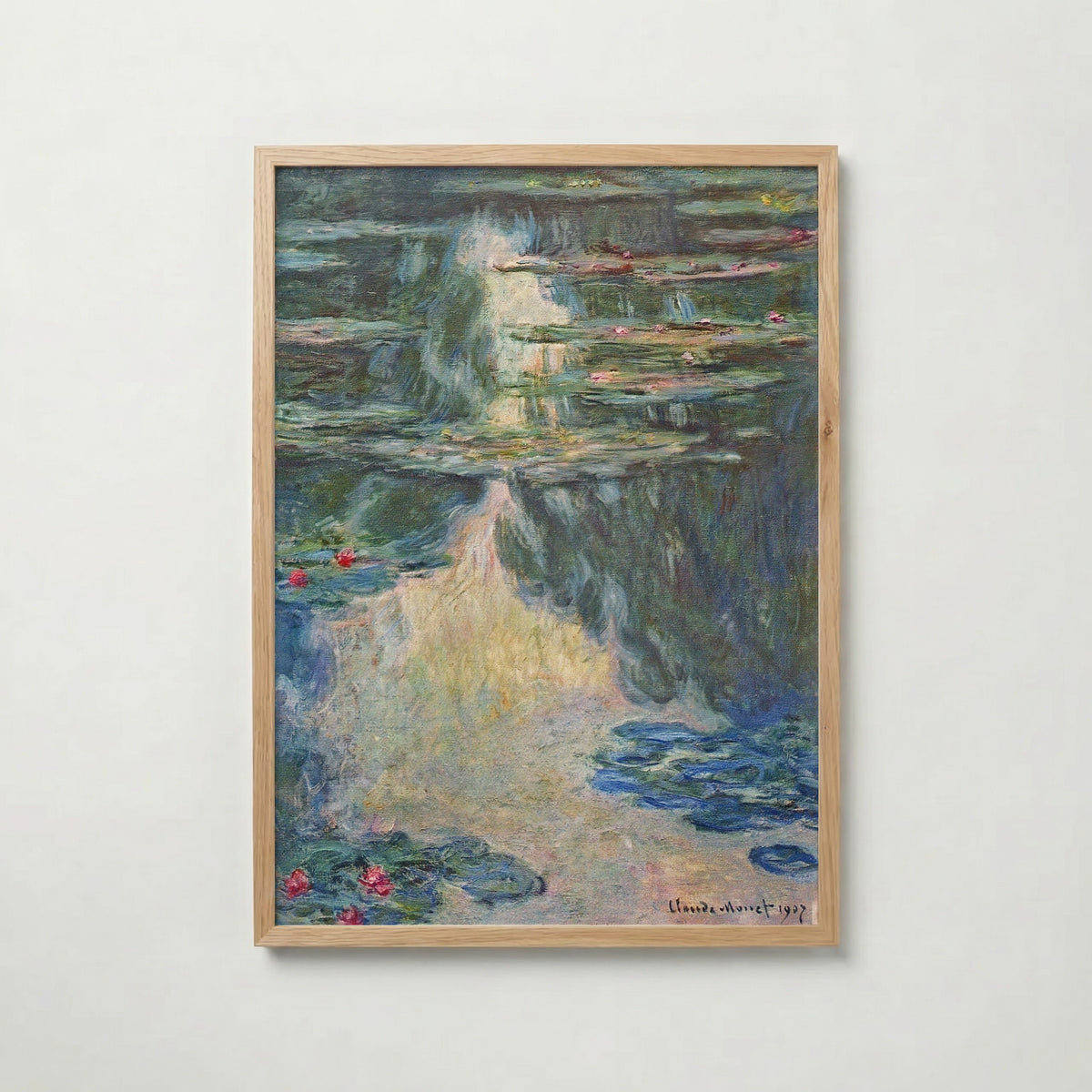 Claude Monet Water Lilies Green 1907 affisch i ljus ekram med naturligt träutseende – Posternord