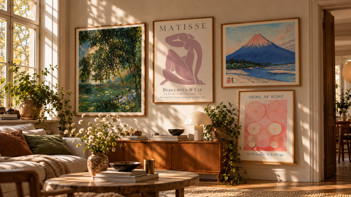 Kvinna som ställer en poster med en svart katt mot väggen bredvid ett ljust vardagsrum med inramade posters