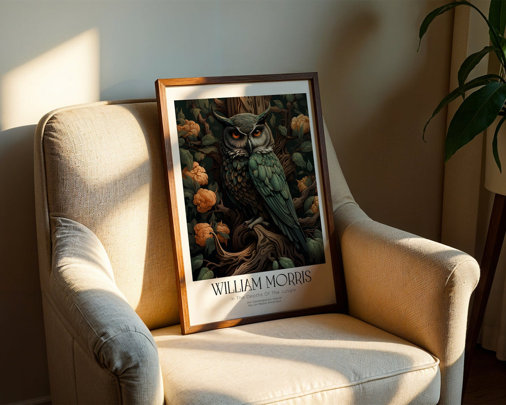 Mockup av William Morris Forest Owl affisch på vägg – köp enkelt hos Posternord i hög kvalitet