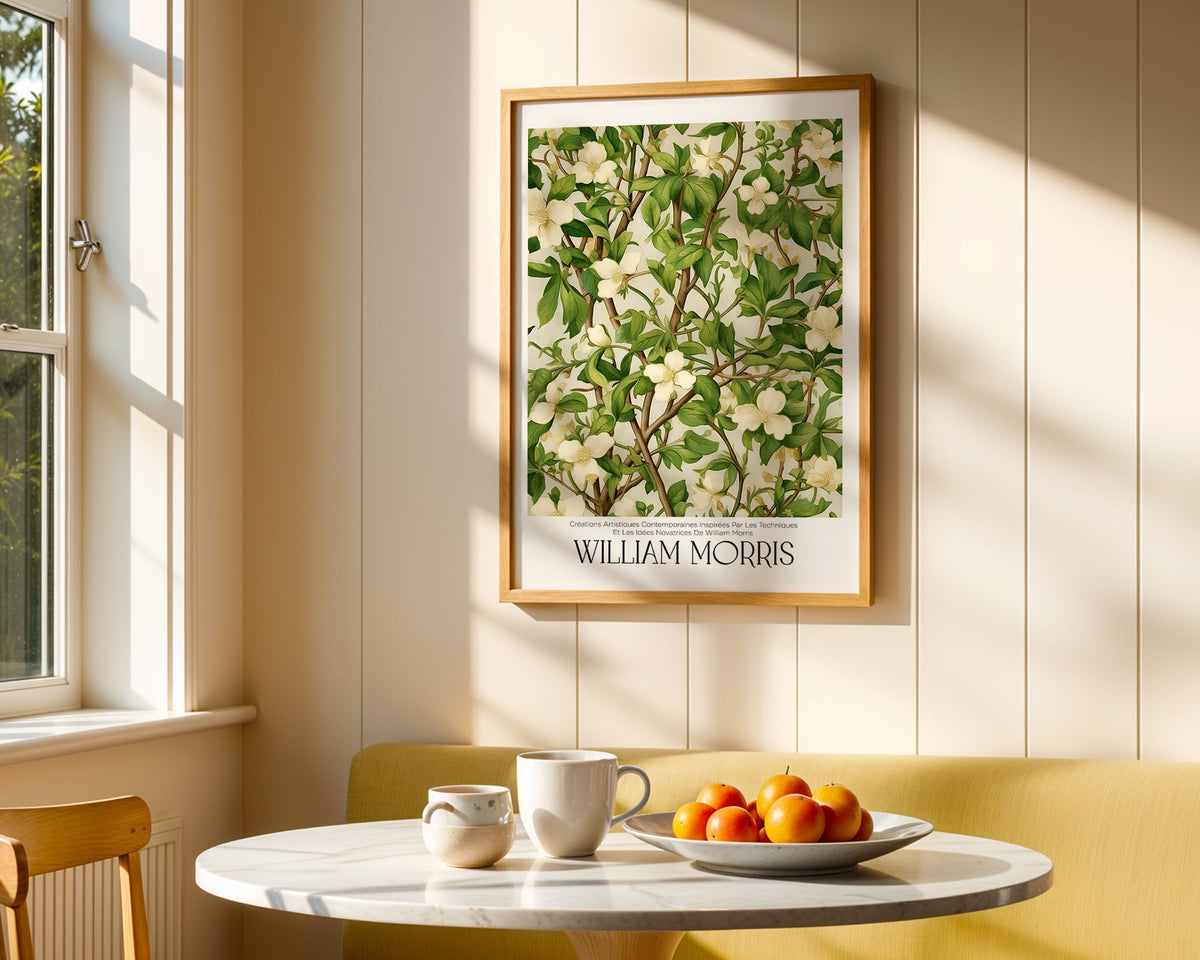 Väggmockup av William Morris Ivory Blossom affisch på ljus vägg – Posternord konsttryck