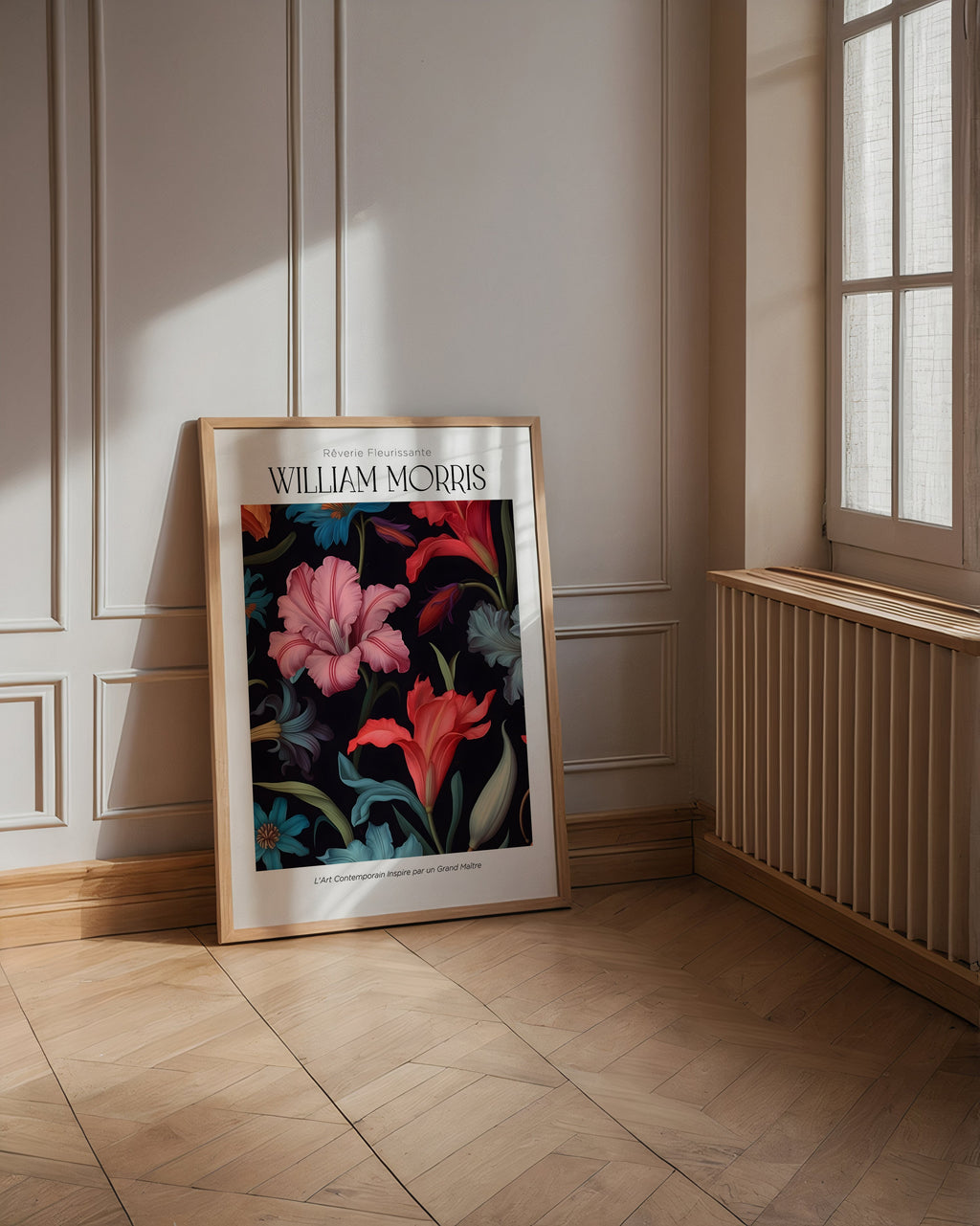 Mockup av William Morris Midnight affisch på vägg – köp enkelt hos Posternord i hög kvalitet