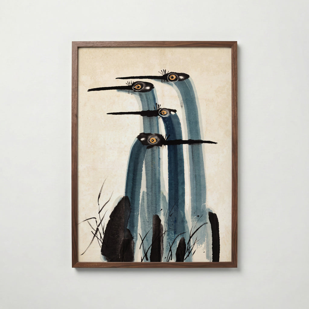 Ink Cranes Poster, japanskt tranmotiv i tusch i valnötsram, fri frakt över 499 kr hos Bozetto