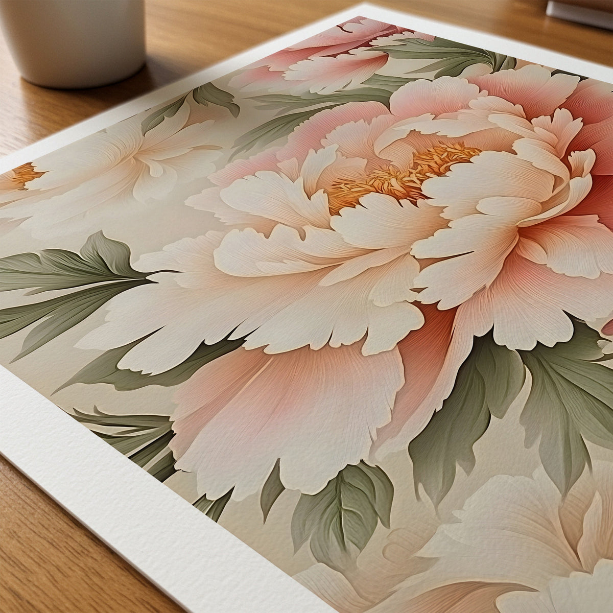 Pink Blossom Symmetry William Morris poster liggande på skrivbord – Bozetto paper on desk i hög tryckkvalitet